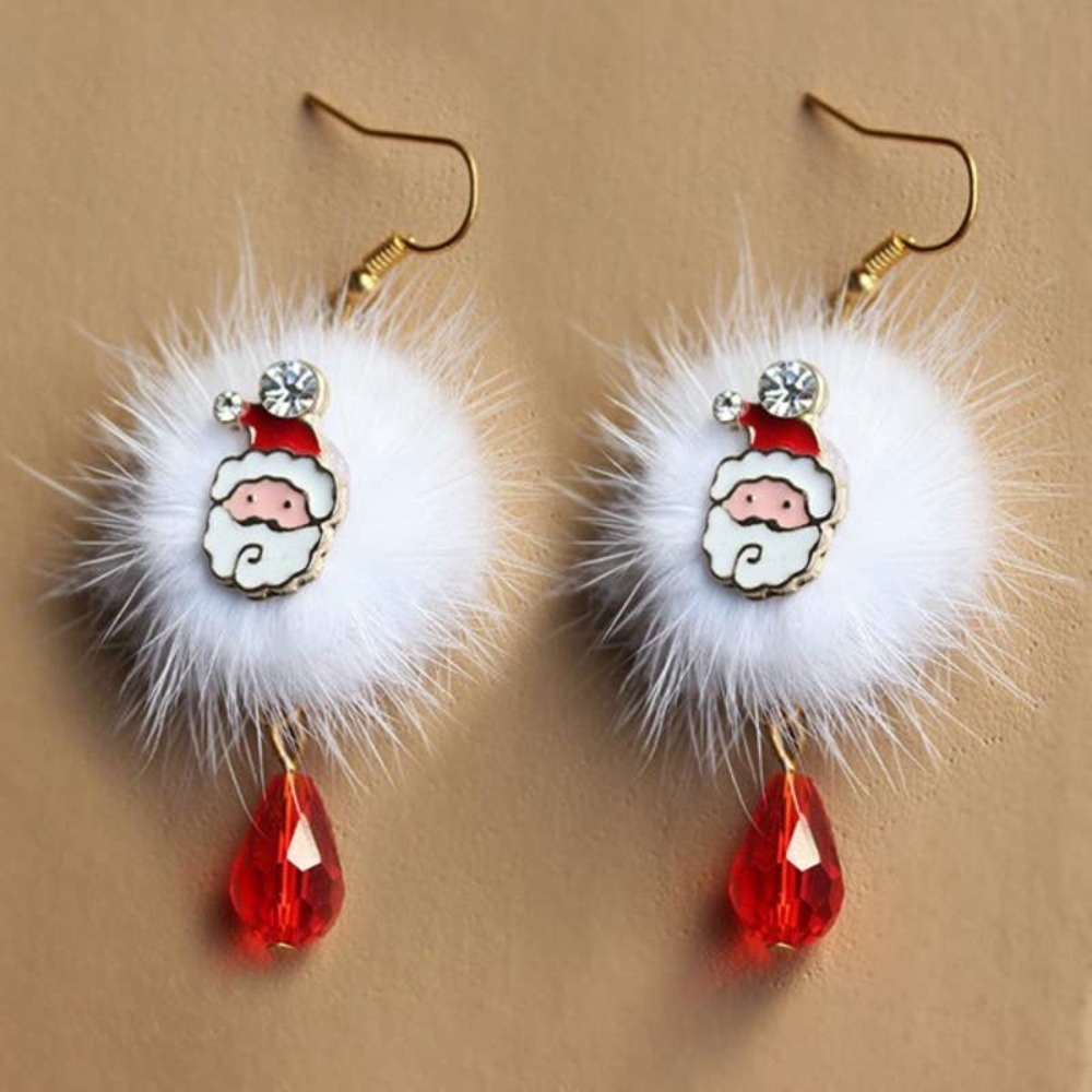 Enamel Santa‎ Claus White Fur Ball Dangle Bling Earrings Ball Red Rhinestone